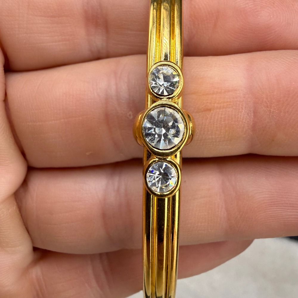 Vintage Monet Bangle Bracelet Gold Tone Clear Crystal‎ Ribbed 7.5"